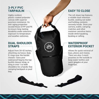 Waterproof Dry Bag with 2 Adjustable Straps, Waterproof Backpack, Essential Camping Accessories, Black, 23.2in x 9.45in - Size 20L