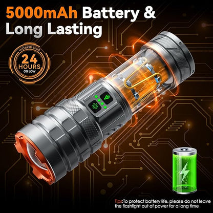 G580 Camping Flashlights,9000Lux 5000mAh Super Bright High Lumens Rechargeable Flashlight with 11 Modes,Waterproof,Adjustable LED Multi-Flashlight for Car,Outdoor,Camping,Walking,Tactical