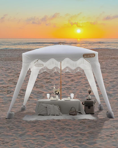 OutdoorMaster Beach Cabana with Fringes, Portable 6' x 6' Beach Canopy for Sand, Easy Set Up Sun Shelter, Included Side Wall, UPF 50+ UV Protection Sun Umbrella - for Family & Friends -Romantic White
