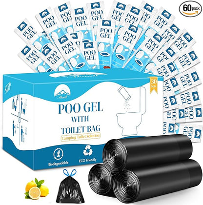 Portable Toilet Bags Poo Gel Set, 30 Count 10 Gal Camping Toilet bags with drawstring and 30 Pack 0.53 Oz each Pee Powder for Portable Camping Toilet fit for Traveling, Emergency, Outdoor Activities