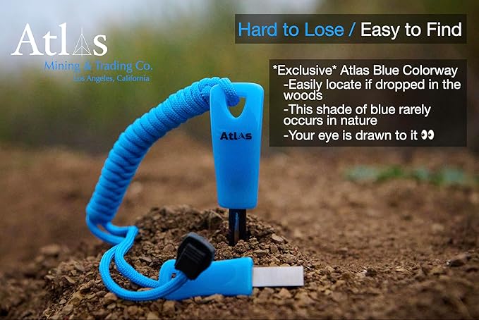 Compact Fire Starter Kit 2.5" Ferro Rod with Steel Striker, Unique Blue, 6ft of Paracord, for Survival, Hiking, Camping & Bushcrafting Tools by Atlas