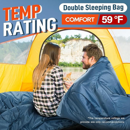 MEREZA Double Sleeping Bag for Adults Mens with Pillow, XL Queen Size Two Person Sleeping Bag for All Season Camping Hiking Backpacking 2 Person Sleeping Bags for Cold Weather & Warm