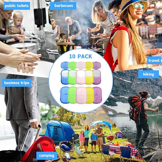 10 Boxes (500 sheets) Portable Hand Soap Flakes, Travel Paper Soap Sheets for Hand Washing, Disposable Laundry Clothes Soap Leaves for Traveling Hiking Camping
