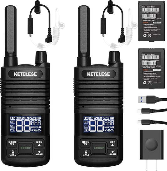 Walkie Talkies Long Range for Adults, Portable FRS Two Way Radio, Long Distance Waki Taki with Earpiece, USB, NOAA, VOX, Group Call for Cruise Ships, Camping, Restaurant, Hunting (2 Pack), Black