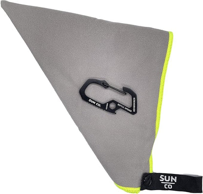 Sun Company QuickClip Camp Towel - Ultra-Absorbent Microfiber Towel with Carabiner Multi-Tool | Includes Screwdriver, Hex Wrench, and Bottle Opener | for Camping, Hiking, Travel, or Running
