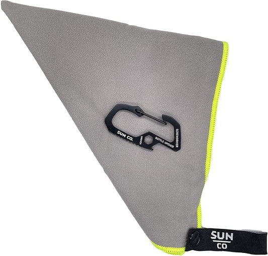 Sun Company QuickClip Camp Towel - Ultra-Absorbent Microfiber Towel with Carabiner Multi-Tool | Includes Screwdriver, Hex Wrench, and Bottle Opener | for Camping, Hiking, Travel, or Running