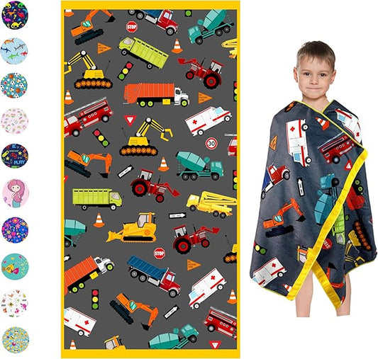 Microfiber Beach Towel for Kids - Thin and Large (30"x60") - Trucks - Absorbent, quick dry, sand free, lightweight, blanket- toddler, girls, boys - For Sports, Pool, Picnic, Camping, Travel, Swim