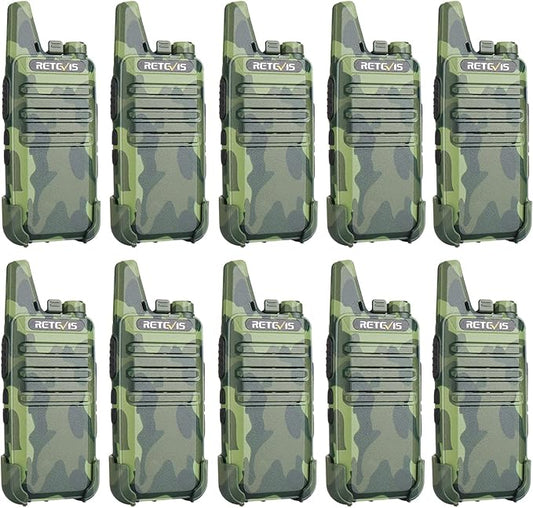 Retevis RT22 Walkie Talkies Rechargeable, Portable Two-Way Radios Long Range, Camouflage, Mini, Lightweight, VOX Hands Free, Handheld 2 Way Radios for Adults Hunting School Restaurant (10 Pack)