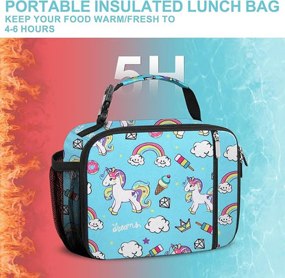 esouler Lunch Box Kids Insulated Lunch Bag for Boys & Girls Durable Children Lunchbox for School with Water Bottle Holder-Blue Unicorn