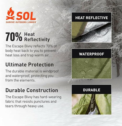 SOL Escape Bivvy with Hood - Emergency Preparedness Blanket - Reflects Up to 70% Body Heat - Outdoor Survival Bivvy - Water Resistant - Durable & Breathable - Winter Camping Supplies - Green