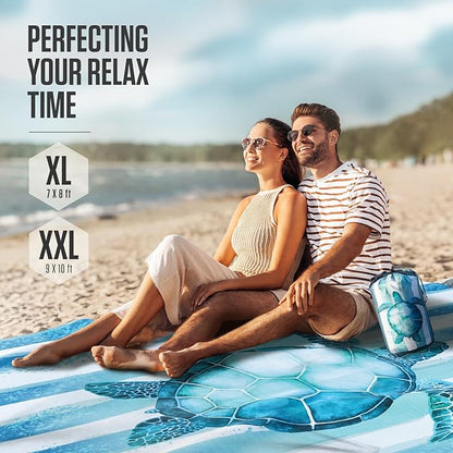 VENTURE 4TH Family-Size Beach Blanket: Sandproof, Waterproof, Lightweight & Compact. Includes Stakes and Carry Bag. 9x10 feet XXL Striped Turtle