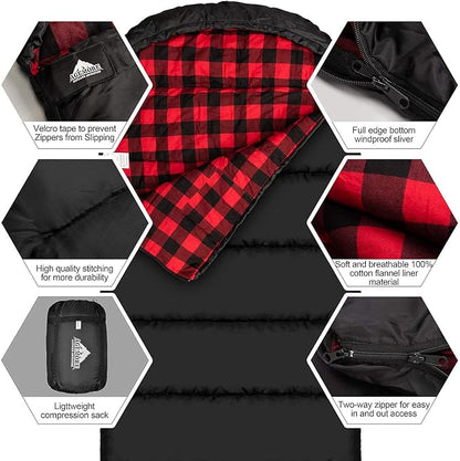 AGEMORE Cotton Flannel Sleeping Bag for Adults, Lightweight XXL Cotton Sleeping Bag for Camping Backpacking or Hiking, Water Resistant 3-4 Season Sleeping bag for Warm & Cool Weather