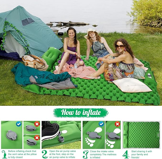 WANNTS Double Sleeping Pad, Ultralight Inflatable Sleeping Pad for Camping, Built-in Pump, Ultimate for Hiking - Airpad, Carry Bag, Repair Kit - Compact & Lightweight Camping pad(Green)