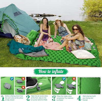 WANNTS Double Sleeping Pad, Ultralight Inflatable Sleeping Pad for Camping, Built-in Pump, Ultimate for Hiking - Airpad, Carry Bag, Repair Kit - Compact & Lightweight Camping pad(Green)