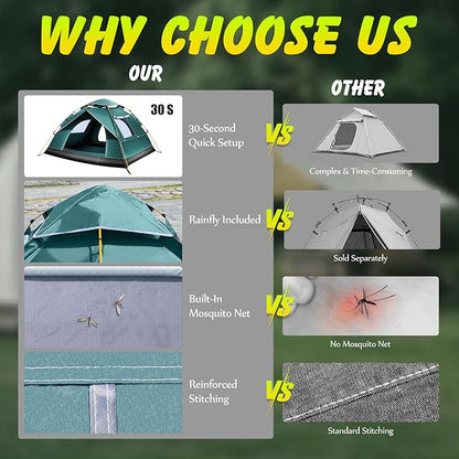 FUNANASUN 2-3 Person Camping Tent Automatic Instant Pop-Up Tents for Camping Easy and Quick Setup Camping Tent Waterproof Tent Family Tent for Camping/Backpacking/Hiking/Beach/Backyard/Outdoor Events