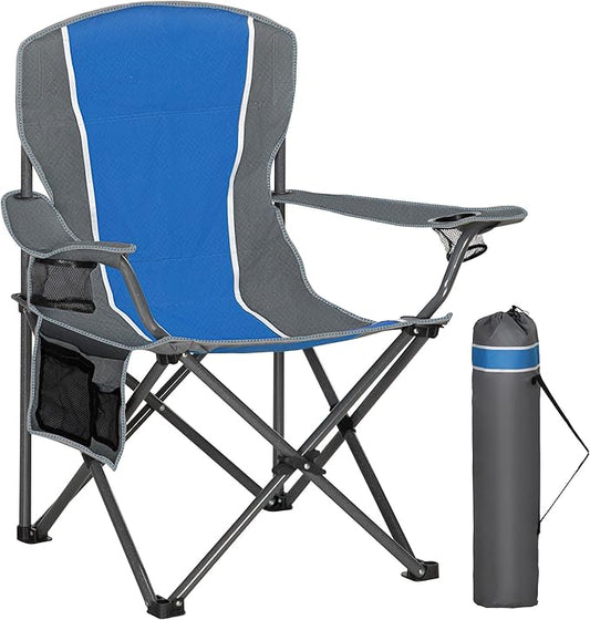 HIGH POINT SPORTS Portable Camping Chair, Heavy Duty Outdoor Folding Chair with Armrest, Foldable Camp Chair with Cup Holder, Portable Lawn Chair for Adults Support 350 LBS, Blue-Gray