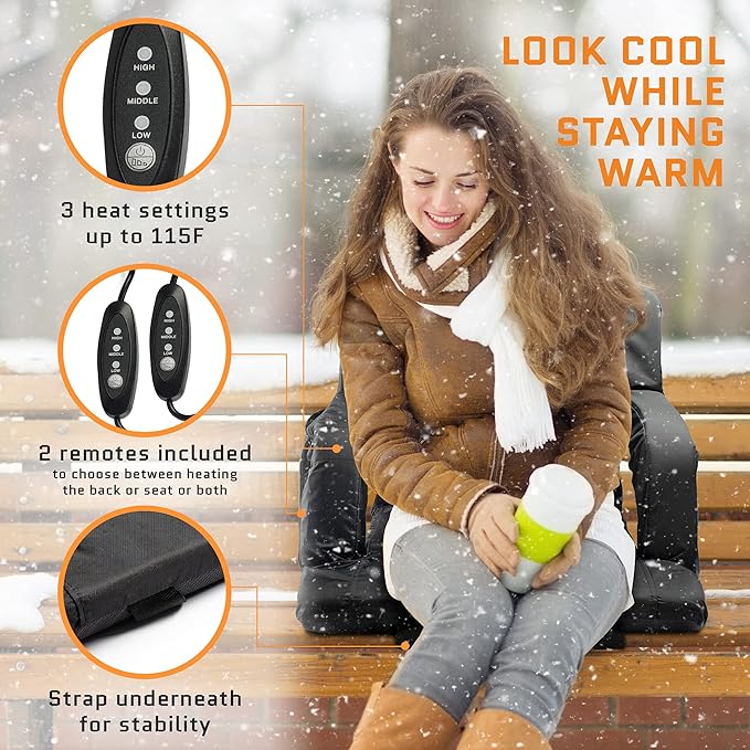 Aceletiqs Double Heated Stadium Bleacher Seat, 20-Inch Wide, Foam, Foldable, Cup Holders, Arm Rest, Reclining, Adjustable Backrest