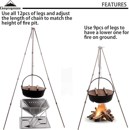 CAMPINGMOON Camping Campfire Tripod with Carrying Bag Portable Lightweight Aluminum 41.3-inch Height Stainless Steel Chain