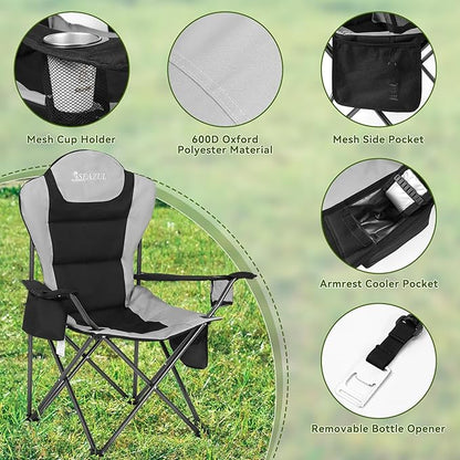 Camping Chairs for Adults, Camping Chairs 2 Pack, Folding Chairs for Outside, Support 380 LBS, Portable Travel Outdoor Camp Chair with Cup Holder & Cooler Bag, Sports Chairs for Baseball, Park