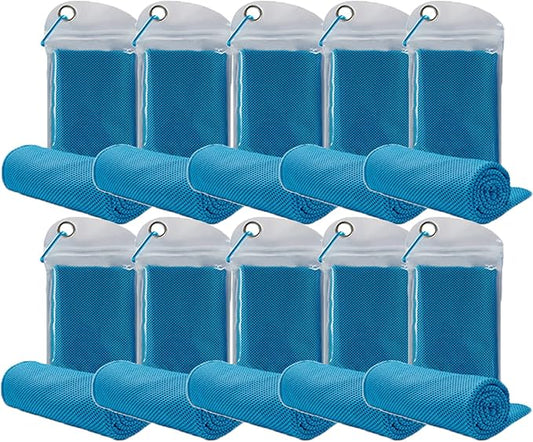 10 Pack Cooling Towels Bulk Microfiber Ice Towel Quick Dry Breathable Chilly Sweat Towel Stay Cool Towel for Neck Face Yoga Gym Workout Running Pilates Beach with Carabin Bag, 40x12'', Blue