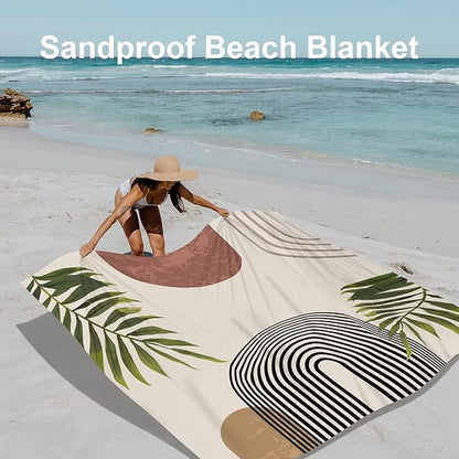 Bohemian Beach Blanket, 78''×86'' Large Waterproof Sandproof Beach Picnic Blanket 4 Adults, Polyester Lightweight Compact Sand Free Beach Mat w/ 4 Stakes for Travel, Camping, Hiking - Rainbow Leaves