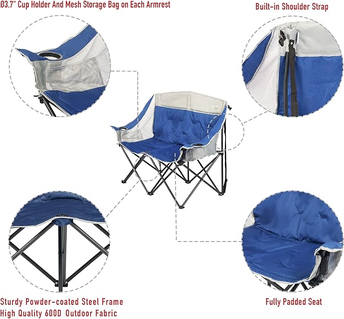 SUNNYFEEL Folding Double Camping Chair, Oversized Loveseat Chair, Heavy Duty Portable/Foldable Lawn Chair with Storage for Outside/Outdoor/Travel/Picnic, Fold Up Camp Chairs for Adults 2 People