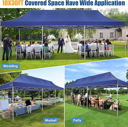 HOTEEL 10x30 Pop up Canopy Tent for Parties, Heavy Duty Easy Setup Tent Without Sidewalls, Outdoor Commercial Instant Gazebo, with Portable Bag, Dark Blue(Hexagonal Frame)