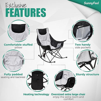 SUNNYFEEL Oversized Heated Camping Chair, Folding Rocking Camping Chairs with Luxury Padded Recliner,Carry Bag, 300 LBS Heavy Duty for Lawn/Outdoor/Picnic/Patio, Portable Rocker Camp Chair
