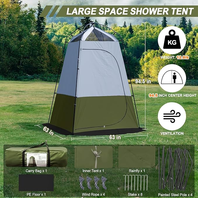 Camping Shower Tent, 7.9 FT Extra Tall Oversize Privacy Tent, Portable Outdoor Bathroom Toilet Tent with Floor, Easy Set Up Privacy Shelter for Dressing, Hiking, Fishing, UPF50+