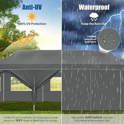 HOTEEL 10x30 Pop up Canopy Tent for Parties, Heavy Duty Easy Setup Tent with 8 Sidewalls, Outdoor Commercial Instant Gazebo for Wedding Event, with Portable Bag & Sand Bags, Grey(Hexagonal Frame)