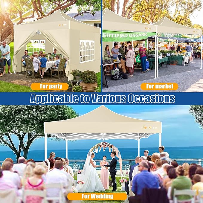 HOTEEL 10x10 Pop up Canopy Tent for Parties, Heavy Duty Easy Setup Tent with 4 Sidewalls, Outdoor Commercial Instant Gazebo for Wedding Event, with Portable Bag & Sand Bags, Khaki(Hexagonal Frame)