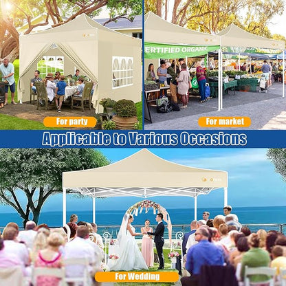 HOTEEL 10x10 Pop up Canopy Tent for Parties, Heavy Duty Easy Setup Tent with 4 Sidewalls, Outdoor Commercial Instant Gazebo for Wedding Event, with Portable Bag & Sand Bags, Khaki(Hexagonal Frame)