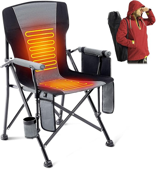 Lamberia Heated Camping Chairs for Adults, Camping Chairs, Portable Heated Chairs for Outdoor, Folding Chairs,Heavy Duty Lawn Chairs for Adults, with Cup Holder,Battery Not Included,Grey