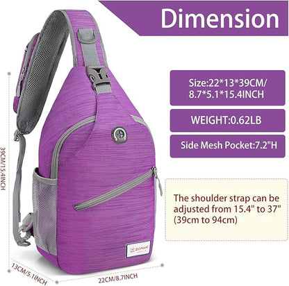 ZOMAKE Sling Bag for Women Men, Small Crossbody Sling Backpack, Mini Water Resistant Shoulder Daypack for Travel, Anti Thief Chest Bag for Hiking, Sports, Purple(Stripe)
