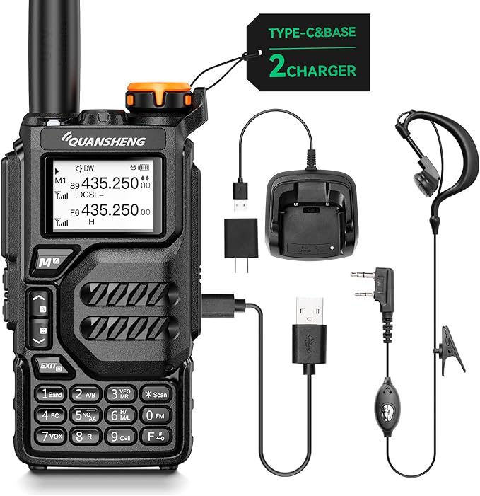 UV-K5 Walkie Talkie Dual Band 5W Rechargeable Two Way Radio NOAA Emergency Weather Receiver with Type-C Charging Cable, Headset (Black 1 Pack)
