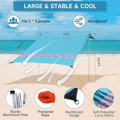 VILLEY Beach Tent Sun Shelter with UPF50+ Protection for 5 Person, 8x7FT Portable Sun Shade with 2 Stability Poles and 4 Sandbags, Outdoor Beach Canopy for Camping, Picnics, Fishing, Outdoors(Blue)