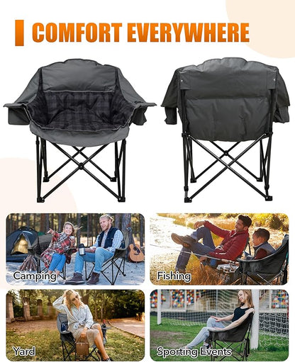 Oversized XL Camping Chair for Adults, Heavy Duty Padded Folding Camp Chairs with Cup Holder, Supports 500lbs, Large Outdoor Widen Comfy Lawn Chairs for Tailgating Sports Beach Yard