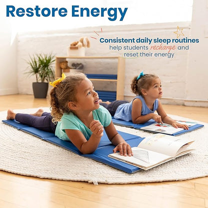 ECR4Kids Everyday Folding Rest Mat, 4-Section, 5/8in, Sleeping Pad, Blue/Grey, 5-Pack