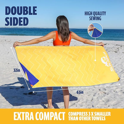 SUN NINJA Microfiber Beach Towel - Sand Free, Quick Dry, Lightweight & Compact for Beach, Pool, Yoga and Camping - 63x32 inch Super Absorbent, Large Sand Free Swim Towels for Adults and Kids