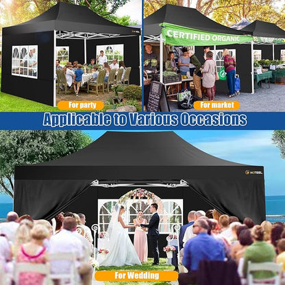 HOTEEL 10x15 Pop up Canopy Tent for Parties, Heavy Duty Easy Setup Tent with 4 Sidewalls, Outdoor Commercial Instant Gazebo for Wedding Event, with Roller Bag & Sand Bags, Black(Hexagonal Frame)