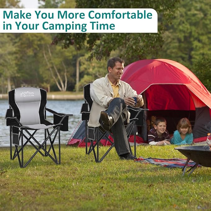 Camping Chair with Cooler Bag, Cup Holder, Storage Pocket, Heavy Duty 450lbs Capacity with Large Anti-Sink Feet, Portable Folding Padded Chair for Outdoor, Beach, Fishing, Sports, Black 2Pack