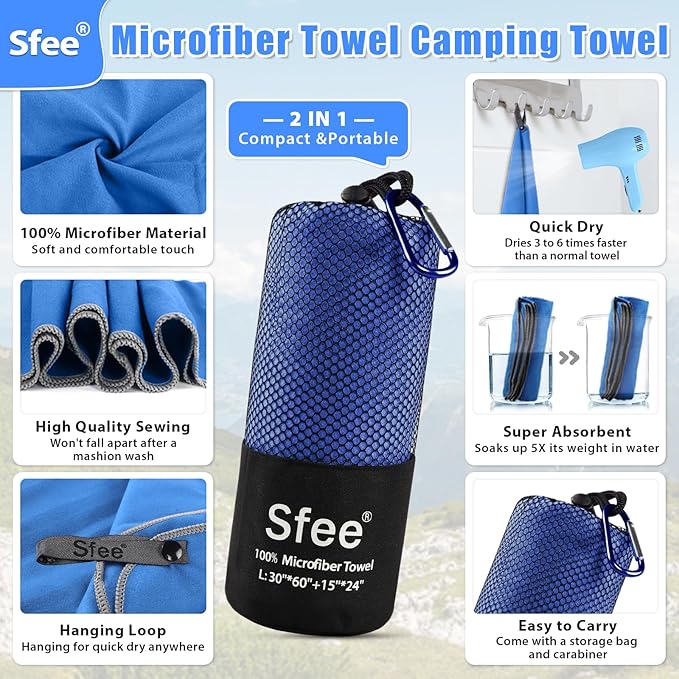 Sfee 2 Pack Microfiber Travel Towel, Quick Dry Towel Camping Towel Beach Towel Super Absorbent Compact Lightweight Sports Towel Gym Towel Set for Beach, Gym, Hiking, Pool, Backpacking, Bath, Yoga