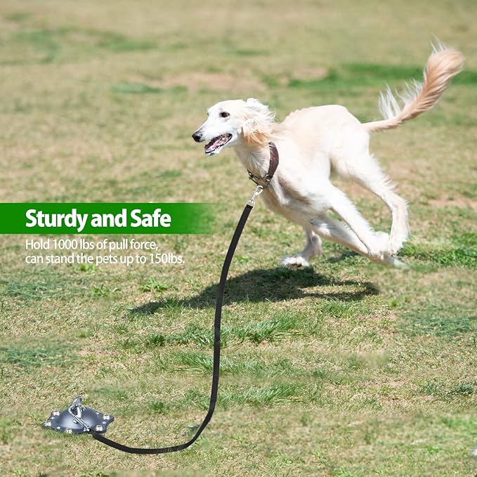 Dog Tie Out Cable and Stake, 360° Swivel Dog Stake with 30FT Nylon Cable and 6 Stainless Steel Screw Anchors, No Tangle Heavy Duty Dog Runner for Large Dogs Up to 150LBS for Yard Park Outdoor Camping