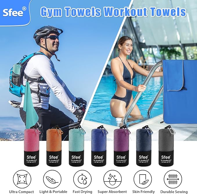 Sfee 2 Pack Microfiber Travel Towel, Quick Dry Towel Camping Towel Beach Towel Super Absorbent Compact Lightweight Sports Towel Gym Towel Set for Beach, Gym, Hiking, Pool, Backpacking, Bath, Yoga