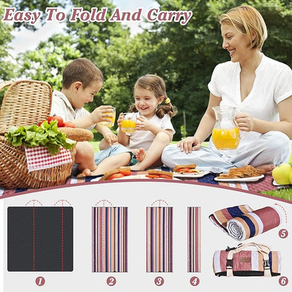 Waterproof Picnic Blanket 80" x 60" in Portable with Carry Strap for Beach Mat or Family Outdoor Camping Party, Park Blanket for Grass Park, Hiking, Travel, Concerts (Brown&Orange, 80" x 60")