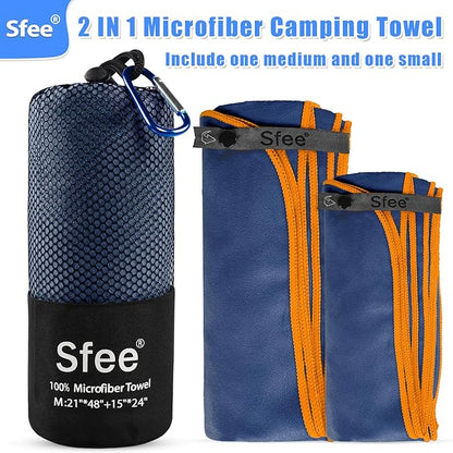 Sfee 2 Pack Microfiber Travel Towel, Quick Dry Towel Camping Towel Super Absorbent Compact Lightweight Sports Towel Swim Towel Gym Towel Beach Towel Set for Gym, Hiking, Pool, Backpacking, Bath, Yoga