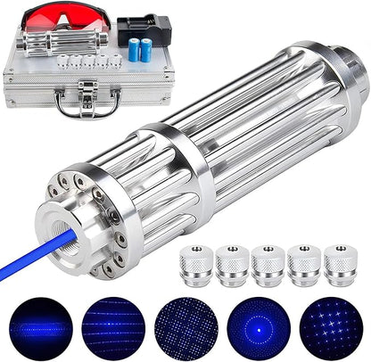 High Power Blue Flashlight, Long Range Powerful Blue Light, Rechargeable Flashlight with 5 Star-Cap for Camping, Hiking, Hunting, Fishing, Silver