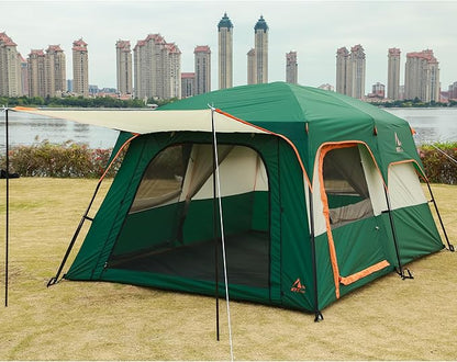 KTT Extra Large Tent 6-10-12-14 Person(Style-B),Family Cabin Tents,2 Rooms,3 Doors and 3 Windows with Mesh,Straight Wall,Waterproof,Double Layer,Big Tent for Outdoor,Picnic,Camping,Family Gathering