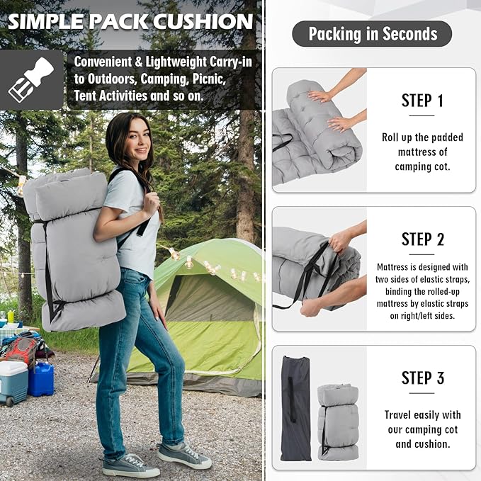 Folding Camping Cot 28inch w/Mattress, Heavy Duty Portable Sleeping Cot with Carry Bag, Double Layer Oxford Travel Camp Cots for Outdoors & Indoors, Suit for Adults Kids，Grey