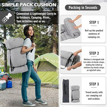 Folding Camping Cot 28inch w/Mattress, Heavy Duty Portable Sleeping Cot with Carry Bag, Double Layer Oxford Travel Camp Cots for Outdoors & Indoors, Suit for Adults Kids，Grey